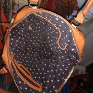 Blue and brown polka dot purse